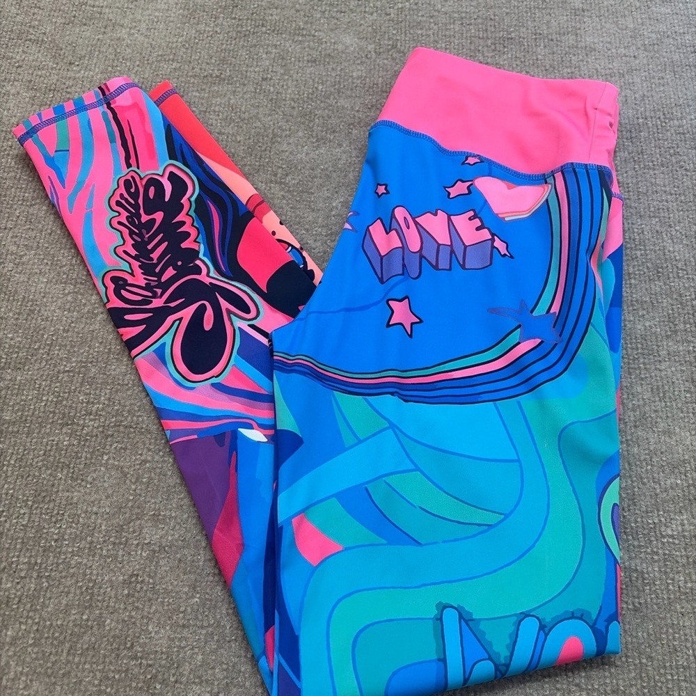 Psychedelic 70s Mod Graphic Pink Waistband Leggings medium 0483 - Picture 5 of 5